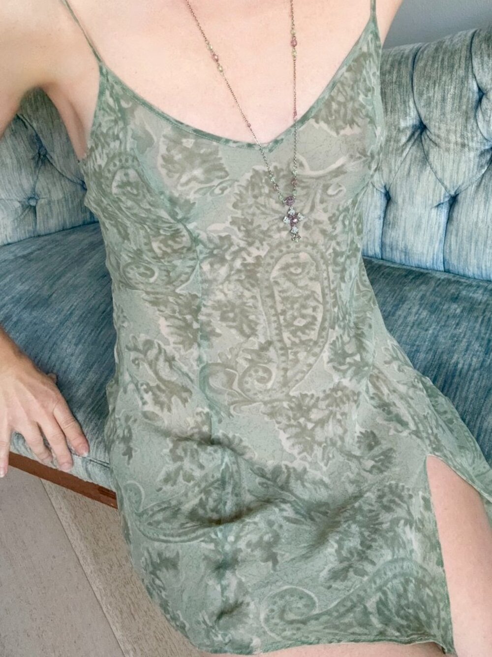 Victoria's Secret Vintage Silk Chiffon Mini Slip Dress XS Sage Green Paisley - Picture 6 of 8